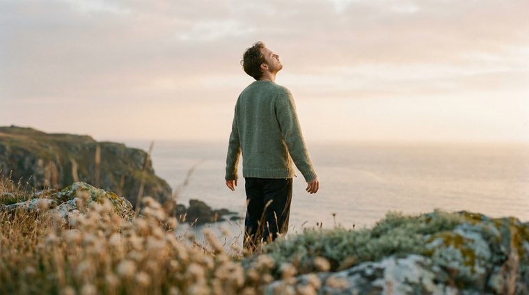 A person breathing at sunrise by the sea
